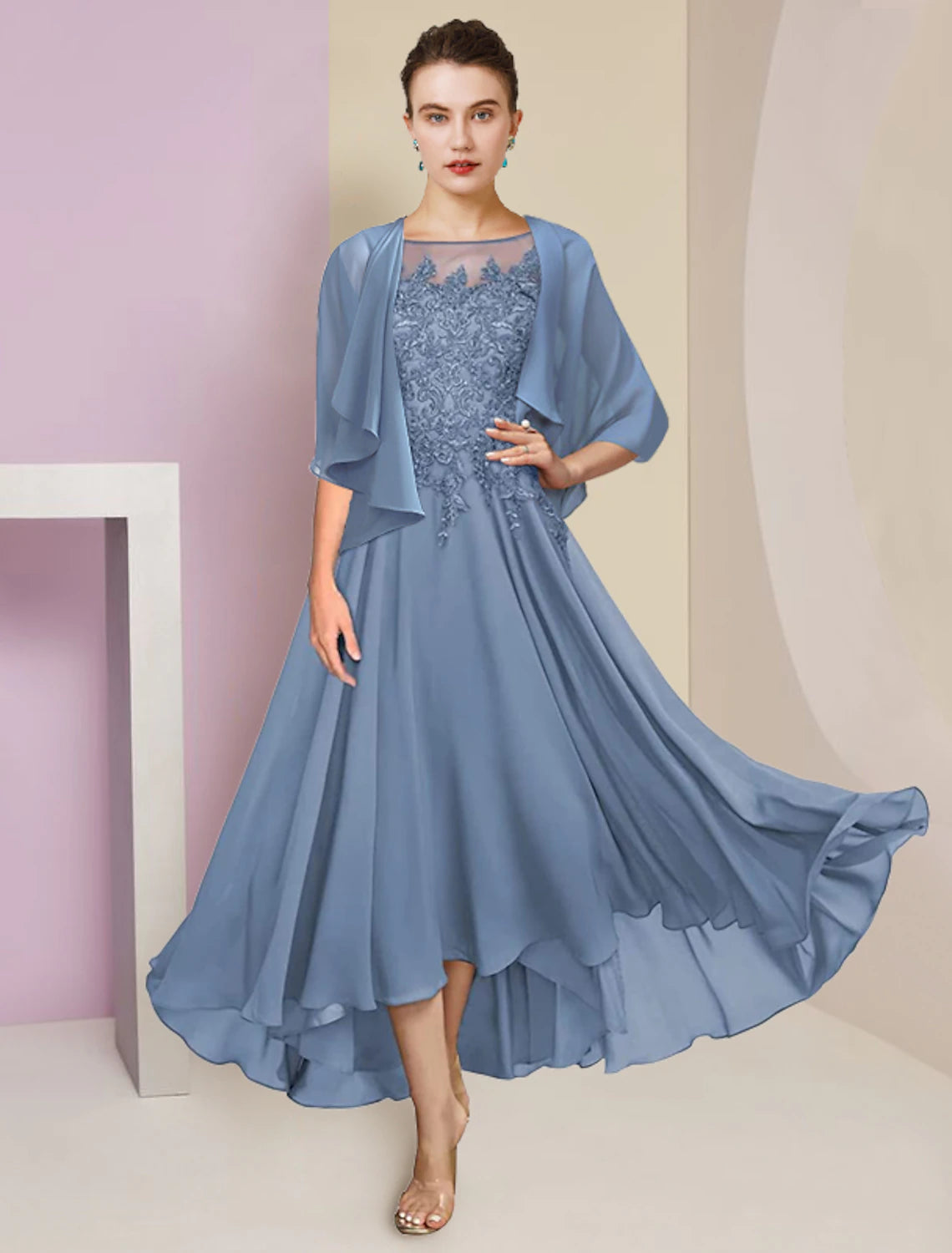 Elegant two-piece A-line mother of the bride dress with scoop neck, short sleeves, and sequin appliques.