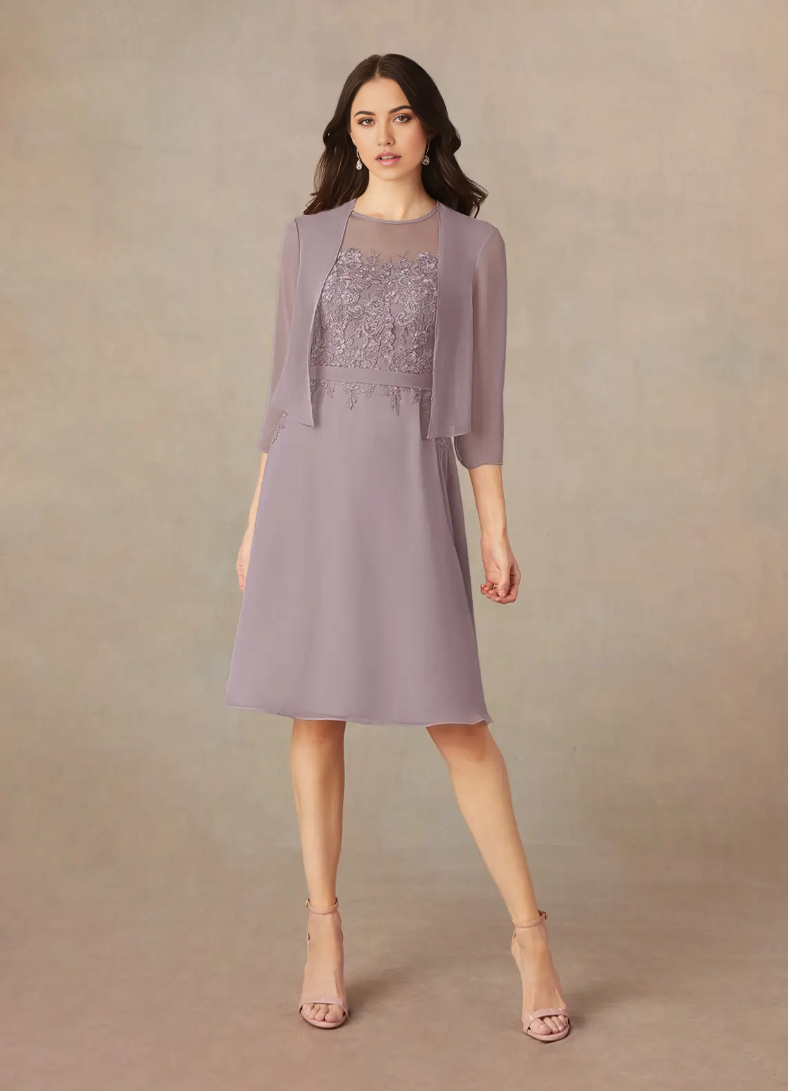Elegant two-piece A-line sequined top and chiffon skirt dress in dusk color.