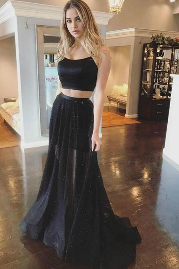 Elegant black two-piece A-line prom dress with spaghetti straps and cross back.