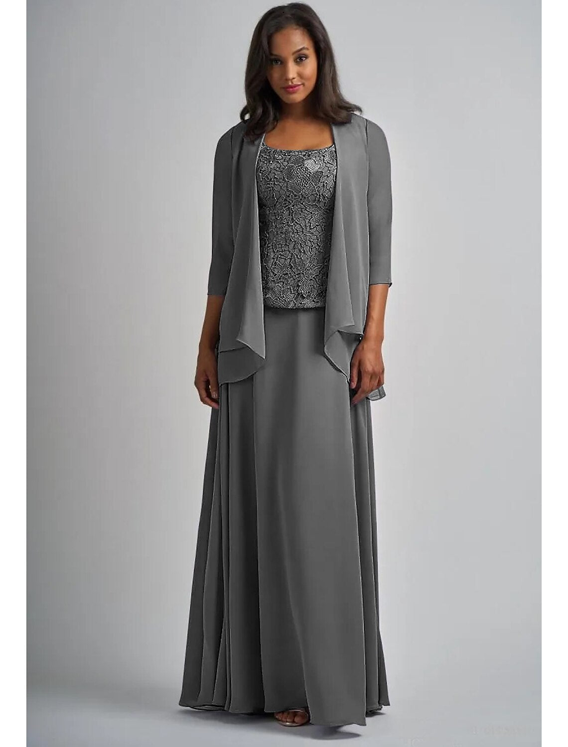 Elegant two-piece A-line Mother of the Bride dress with square neck and 3/4 sleeves, front view.