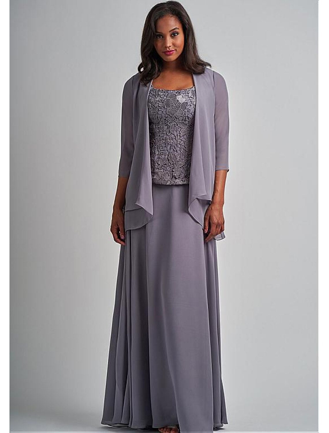 Side view of the elegant Mother of the Bride dress, highlighting the square neckline and 3/4 length sleeves.