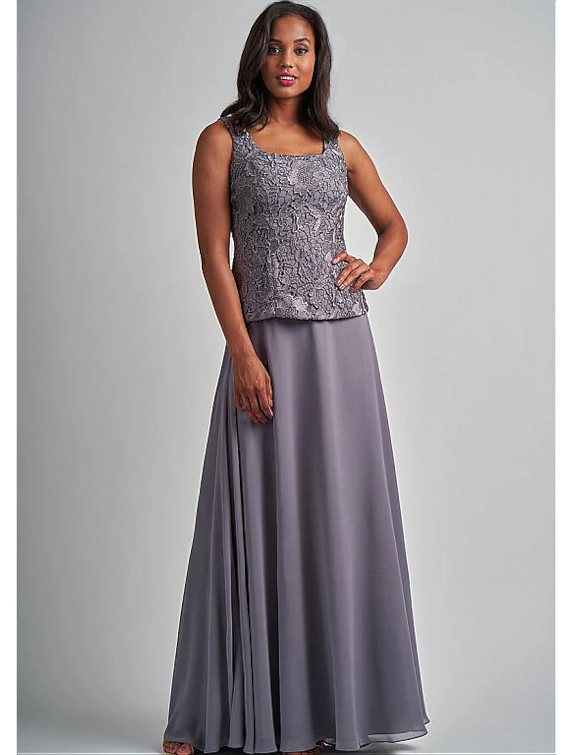Back view of the A-line Mother of the Bride dress, showcasing the floor-length silhouette.