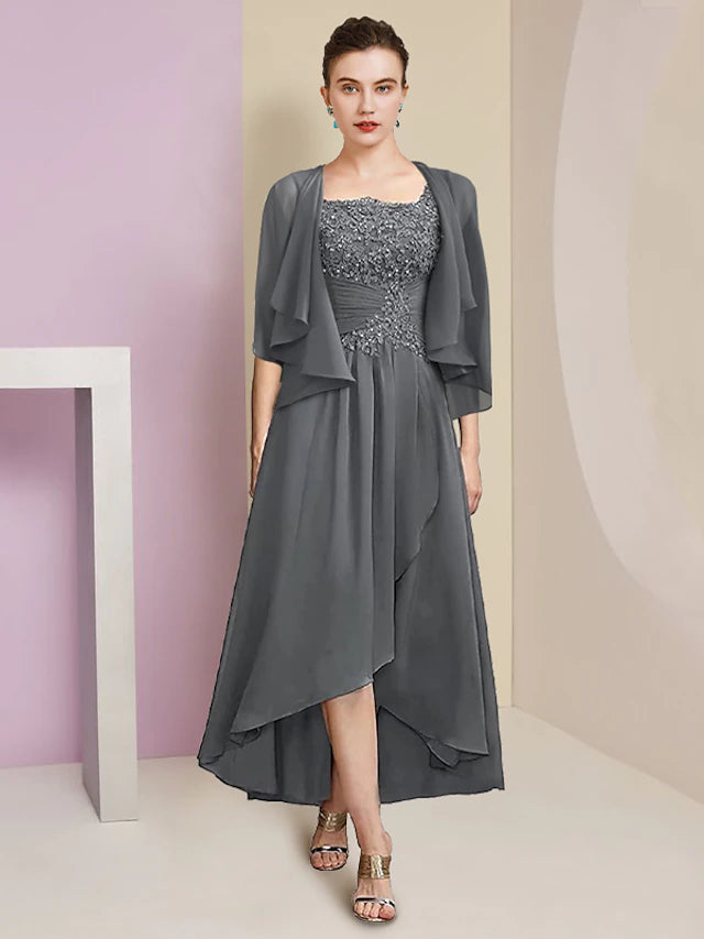 Elegant two-piece A-line mother of the bride dress with square neck and 3/4 sleeves.