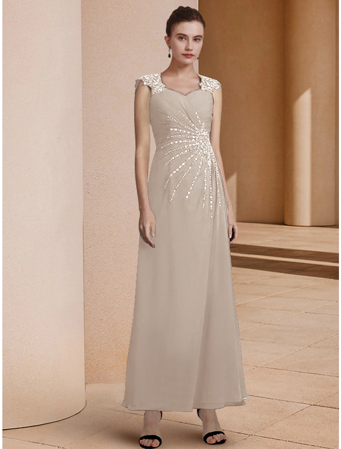 Back view of the sequined lace chiffon ankle-length formal dress.