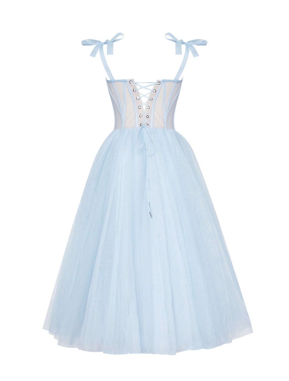 Close-up of the sweetheart neckline and half sleeves on the formal dress.