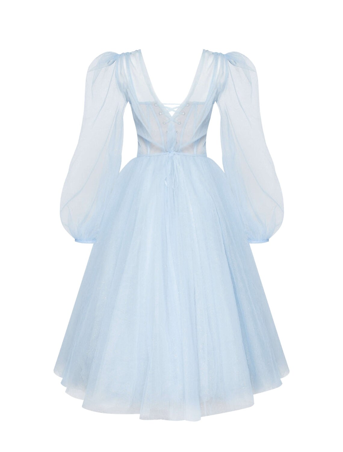 Detail of the pleated tulle skirt of the tea-length gown.