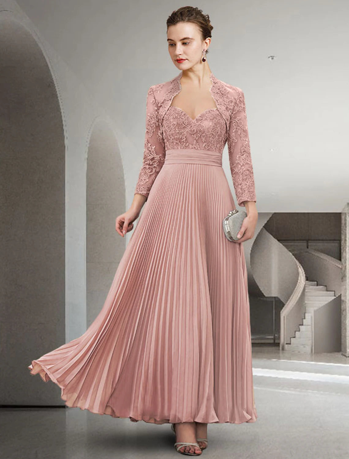 Elegant two-piece A-line Mother of the Bride dress with long sleeves and jacket wrap.