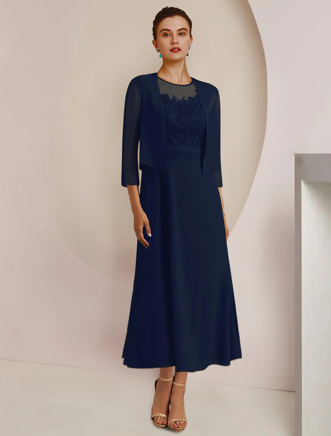 Elegant A-line tea length Mother of the Bride dress with jacket.