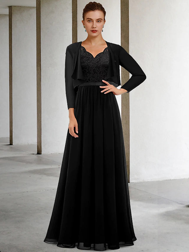 Elegant two-piece A-line Mother of the Bride dress with V-neck and lace details.