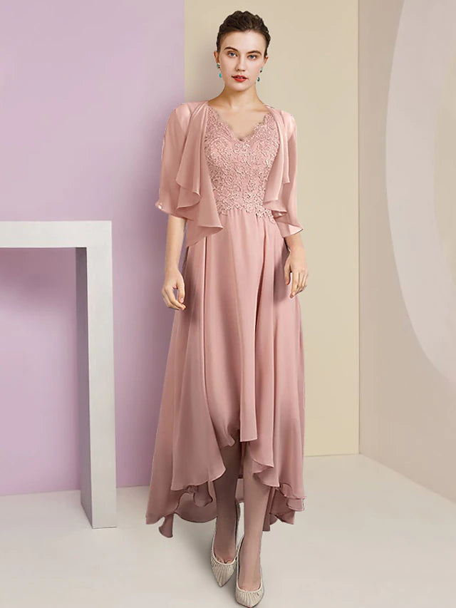 Elegant two-piece A-line Mother of the Bride dress with V-neck and short sleeves.