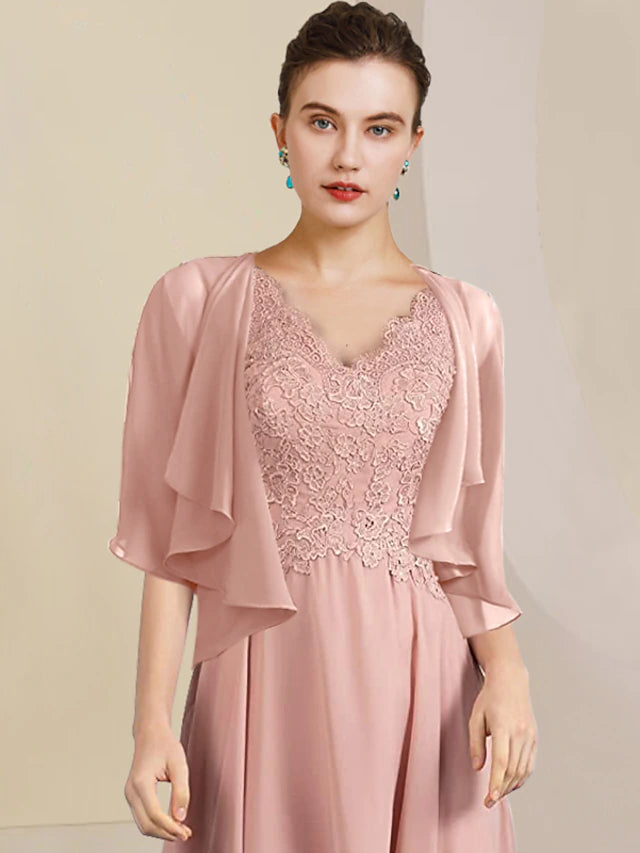 Model wearing the elegant V-neck short sleeve dress with wrap.