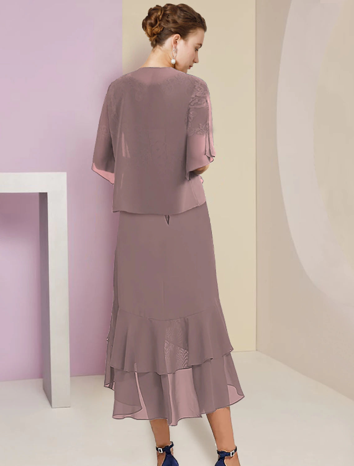 Side view of the formal tea-length dress, highlighting the lace details and included wrap.