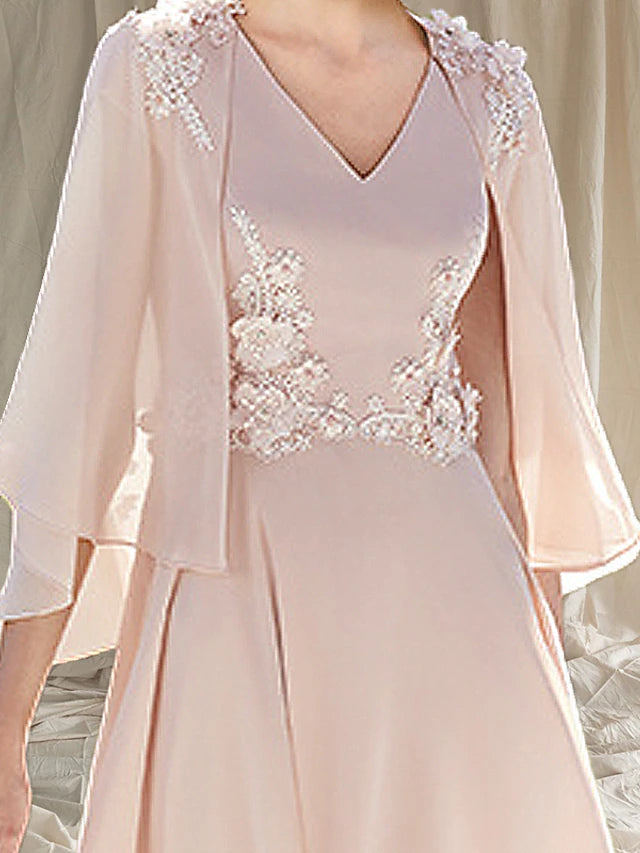Back view of the elegant two-piece A-line V-neck tea length chiffon dress.