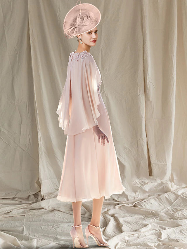 Side view of the elegant two-piece A-line V-neck tea length chiffon dress with wrap.