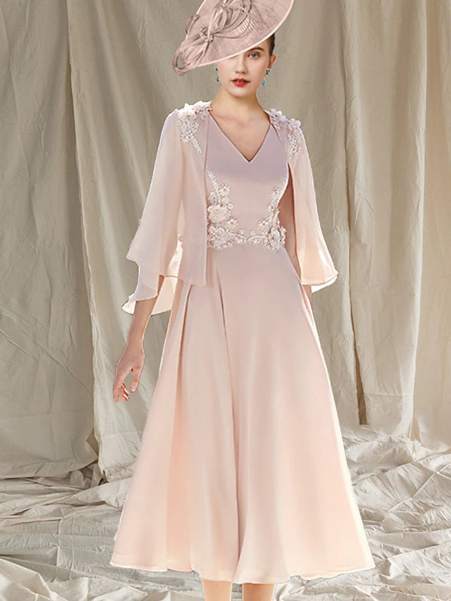 Full view of the elegant two-piece A-line V-neck tea length chiffon dress, highlighting the flow.