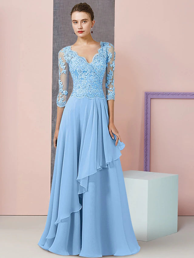 Elegant two-piece A-line Mother of the Bride gown with V-neck and half sleeves.
