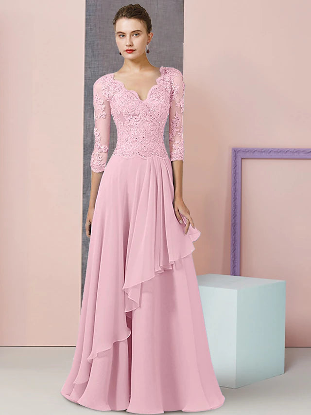 Close-up of the chiffon lace, beading, and sequin appliques on the formal dress.