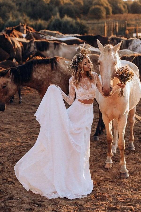 Elegant two-piece A-line V-neck long sleeve chiffon wedding dress.