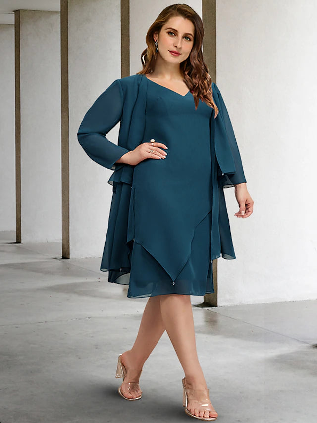 Elegant two-piece A-line Mother of the Bride dress with V-neck and ruffles.