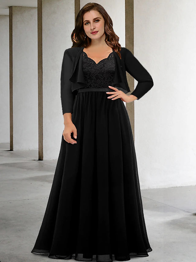 Elegant two-piece A-line mother of the bride dress with V-neck and short sleeves.