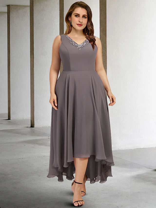 Full view of the plus size A-line dress, suitable for wedding guests.