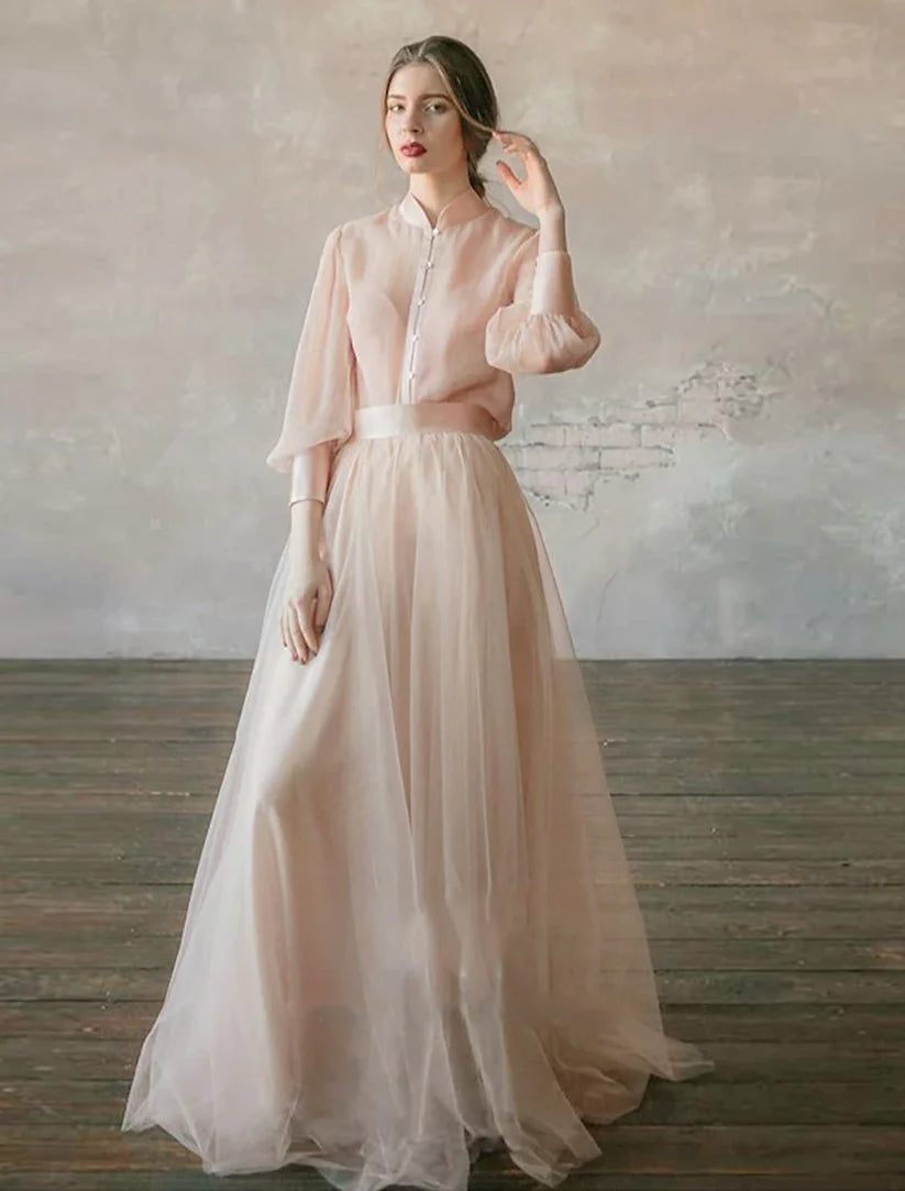 Elegant two-piece chiffon formal dress with stand collar and long sleeves.
