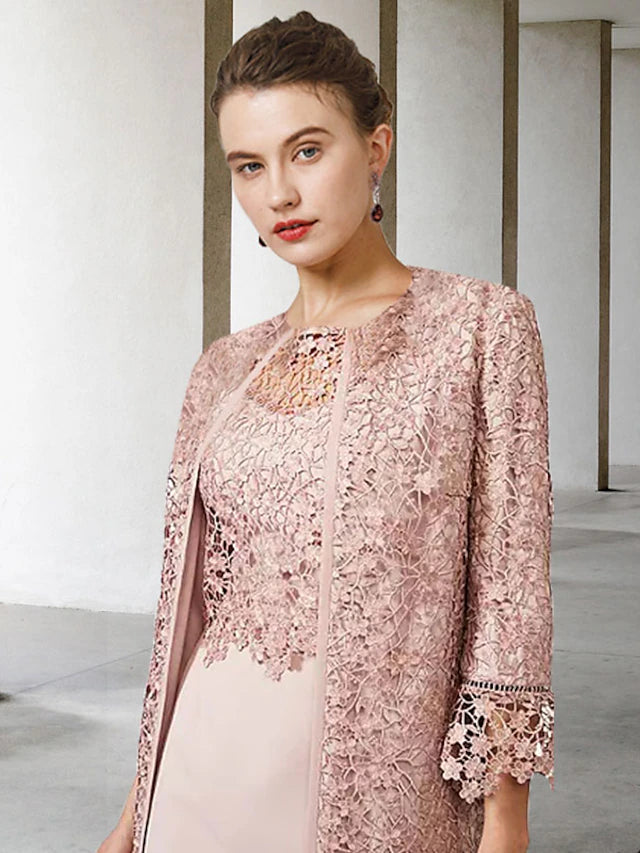 Back view of the two-piece sheath dress with short sleeve jacket.