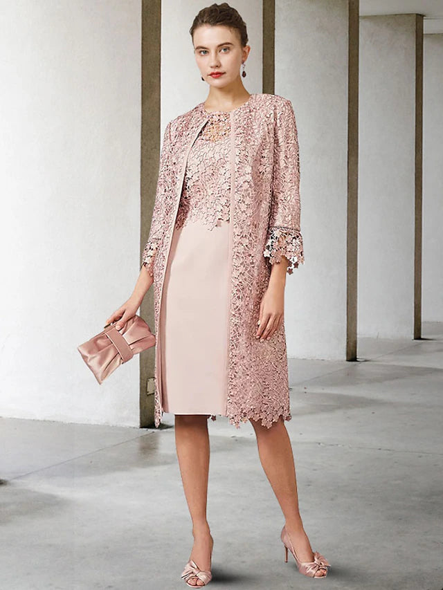 Side view of the knee-length Mother of the Bride dress with appliques.