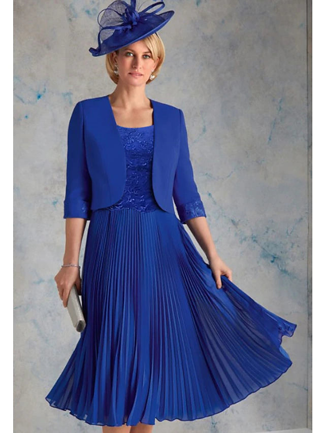 Elegant two-piece Mother of the Bride dress with scoop neck and 3/4 sleeves.