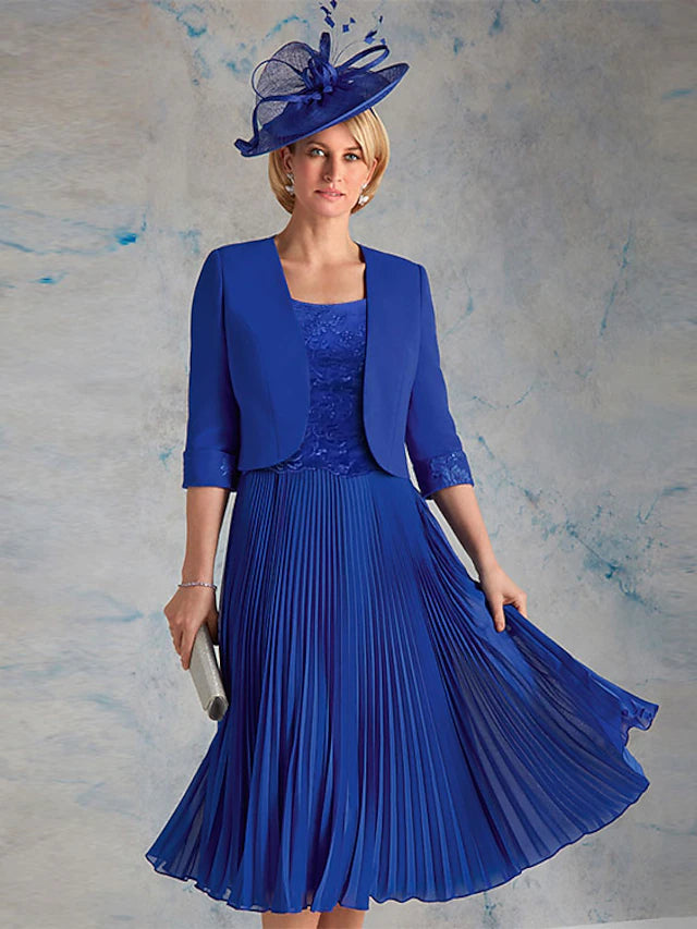 Back view of the elegant two-piece Mother of the Bride dress with lace ruching.