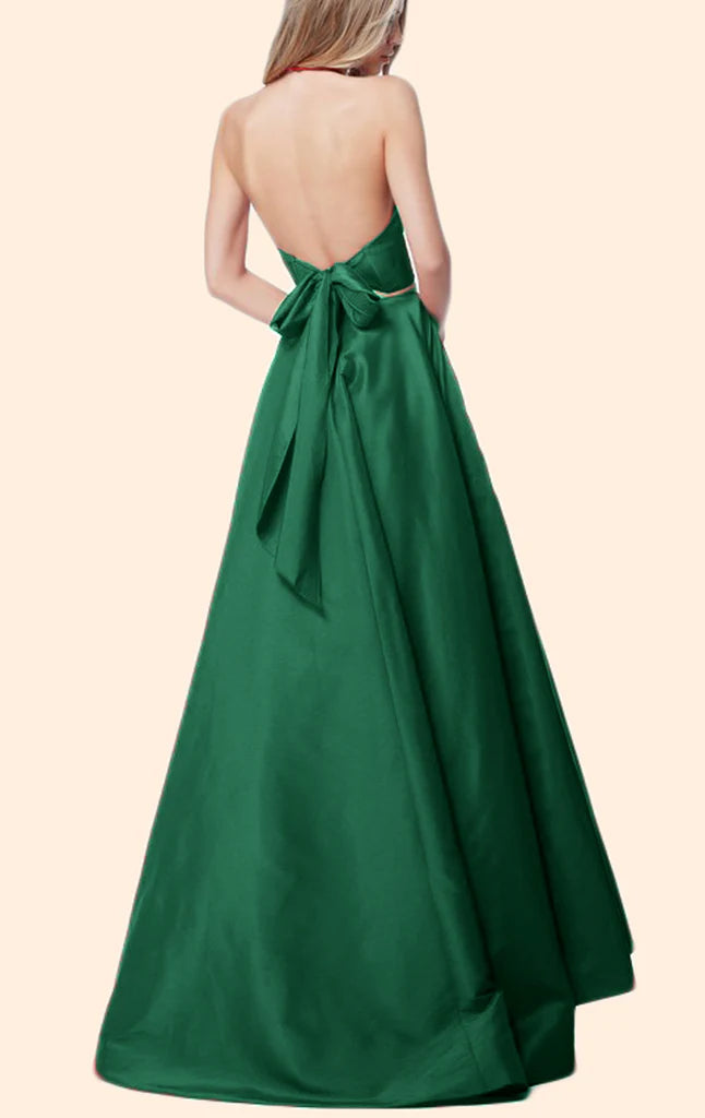 Halter V neck two piece prom dress, full length view.