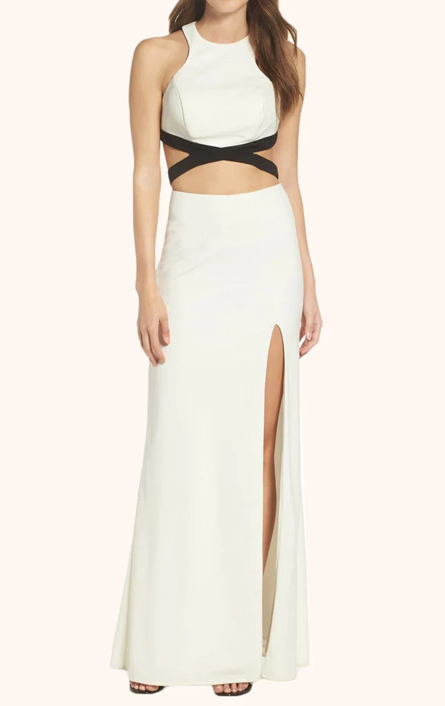 Woman wearing an elegant two-piece V-neck long formal prom gown.
