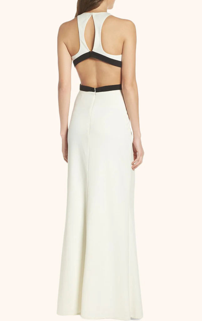 Close-up of the two-piece jersey formal gown with V-neckline.