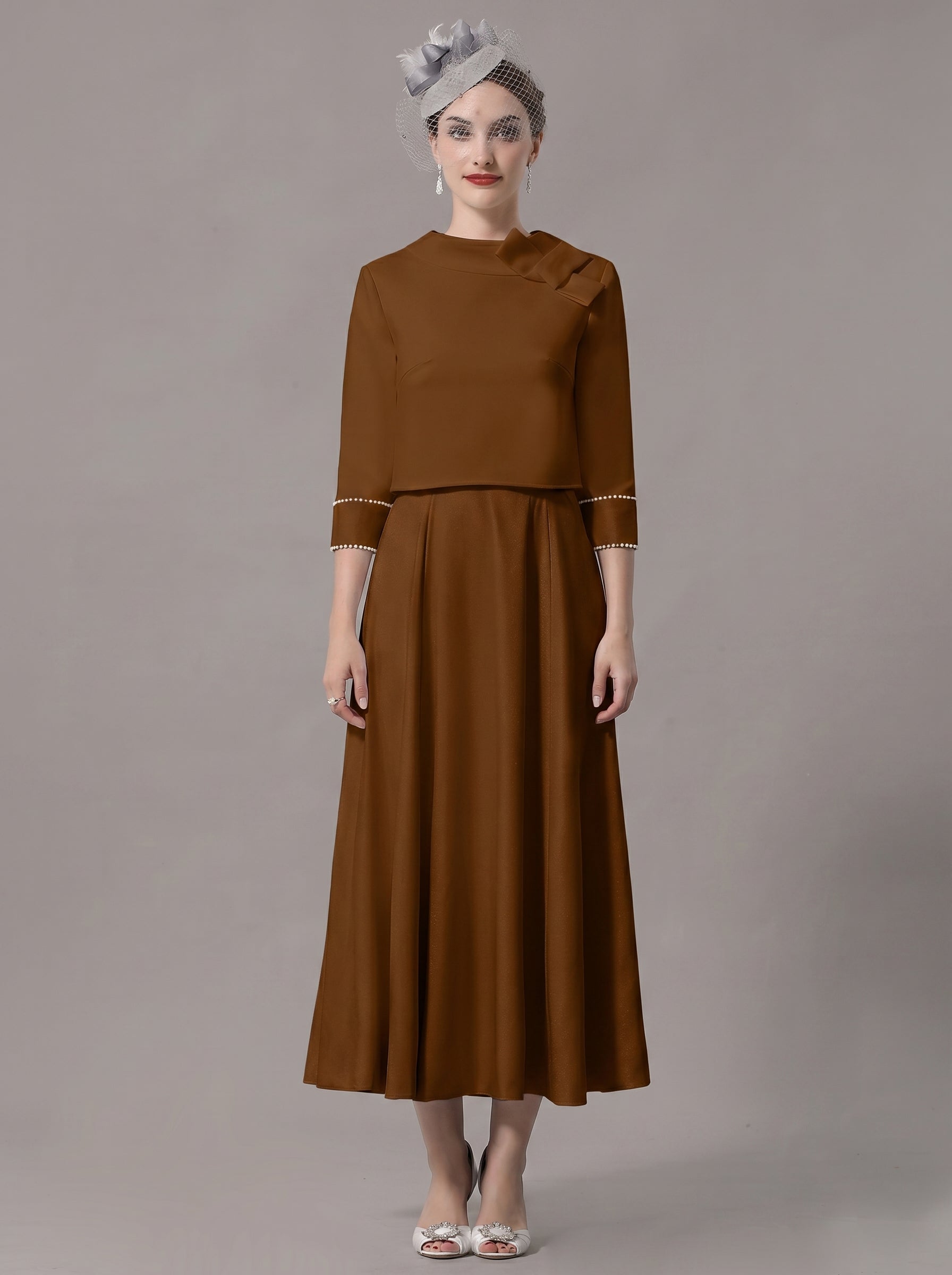 Mother of the Bride dress in stretch satin, front view.