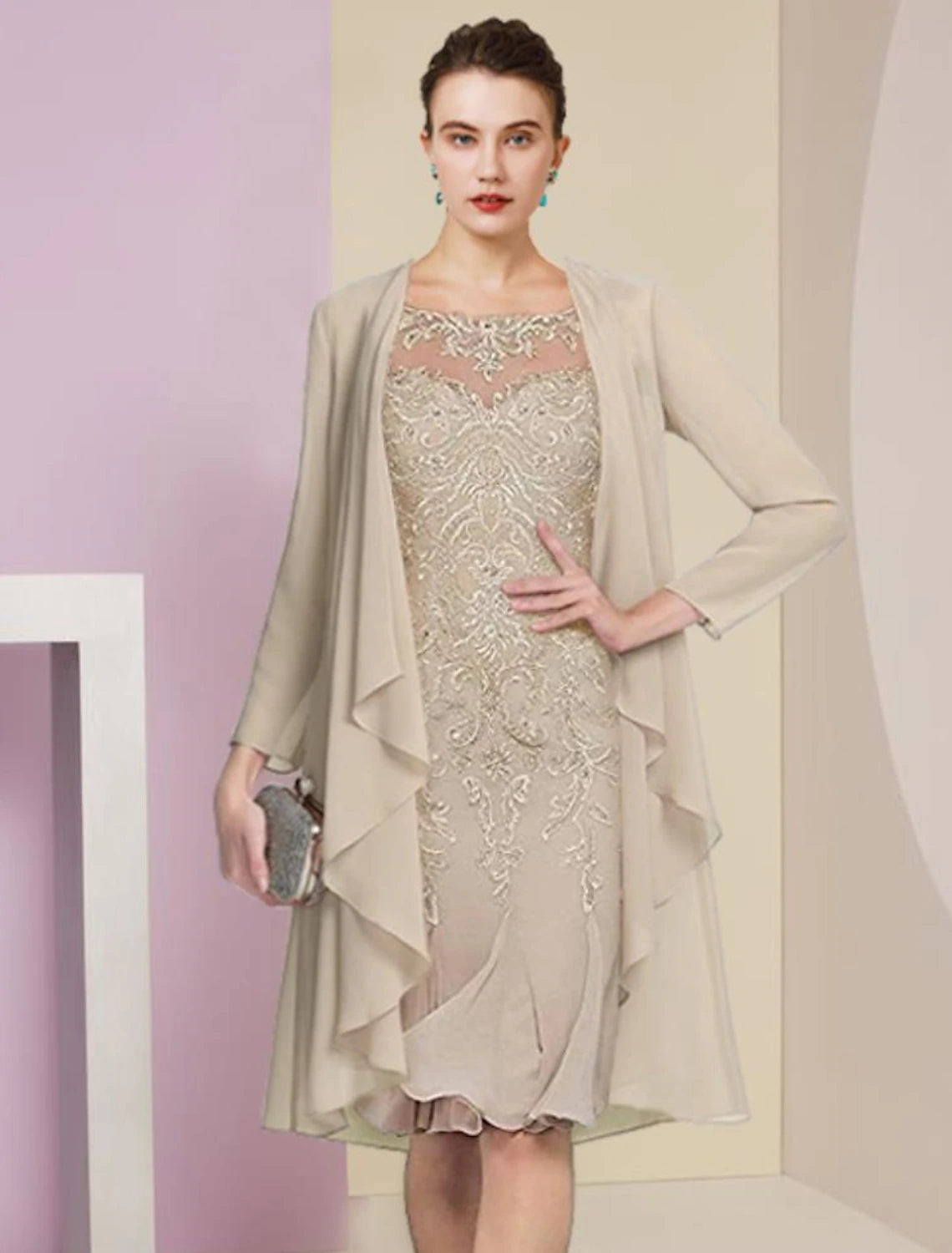 Elegant two-piece mermaid trumpet mother of the bride dress with a jacket.