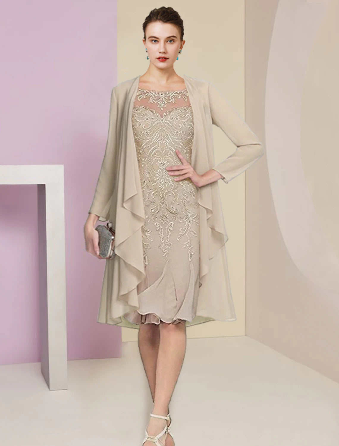 Close-up of the lace and chiffon details on the elegant mother of the bride dress.