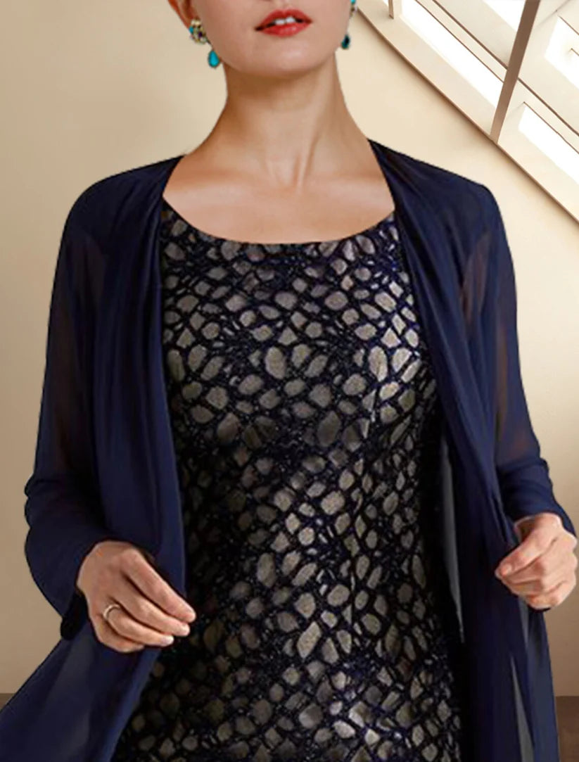Elegant two-piece Mother of the Bride dress featuring a jewel neck chiffon sheath and a short-sleeve lace jacket.