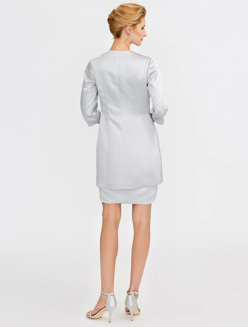 Back view of the two-piece satin Mother of the Bride dress, showcasing the column silhouette.