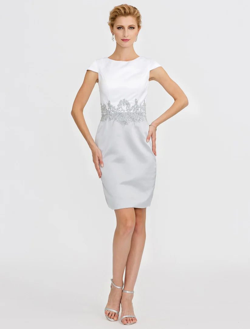 Stylish short Mother of the Bride dress with a jewel neckline and elegant design.