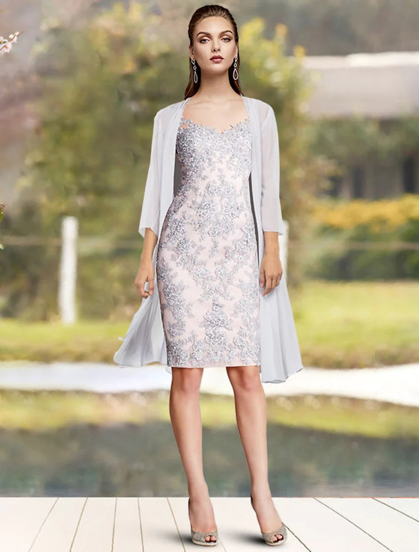Elegant two-piece mother of the bride dress with V-neck and 3/4 sleeve lace jacket.
