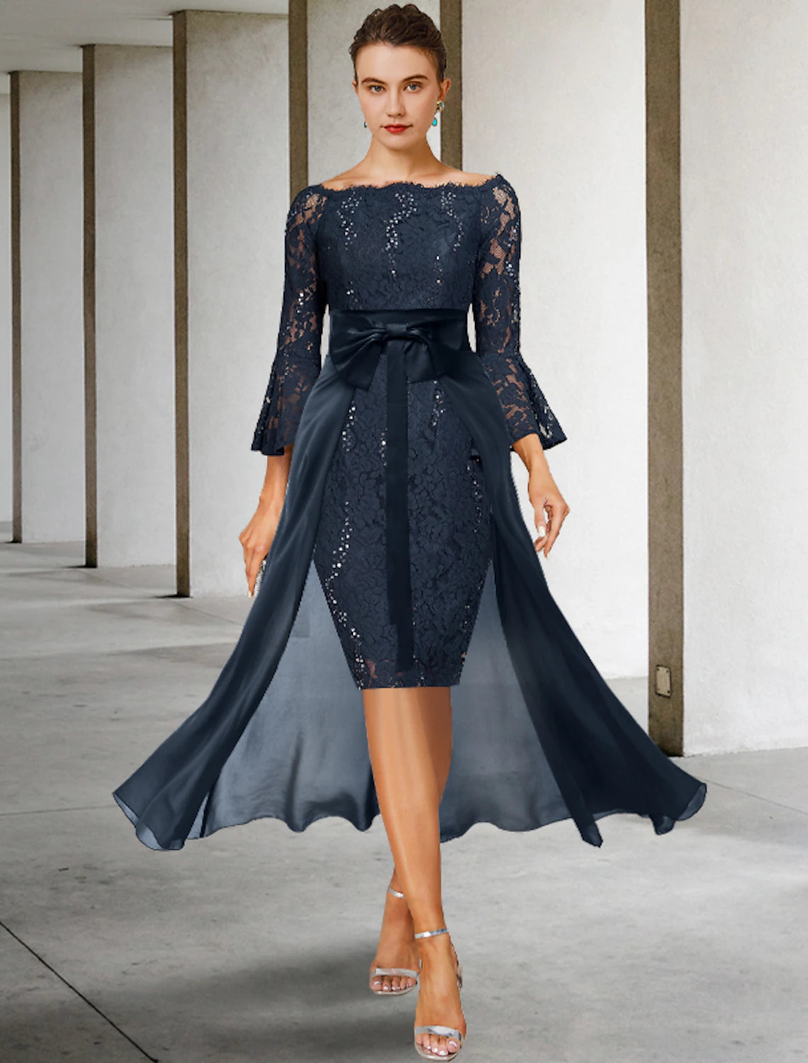 Elegant two-piece off-shoulder sheath dress with 3/4 sleeves and lace detail.