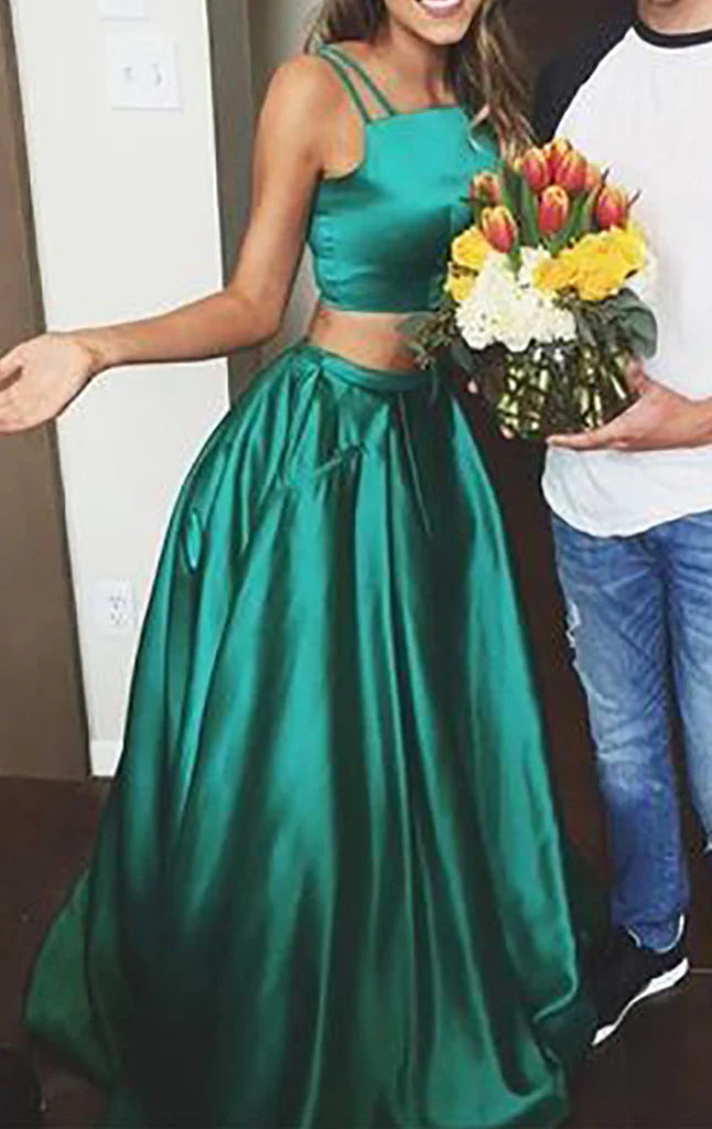 Elegant two-piece satin long prom dress.