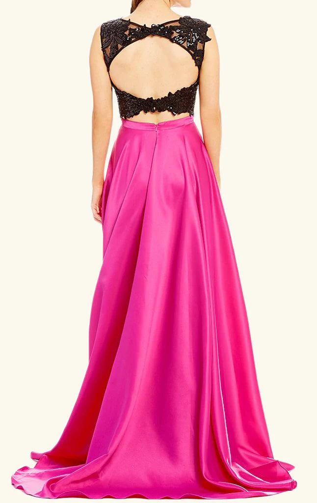 Full view of the elegant two-piece sequin and satin formal evening gown.