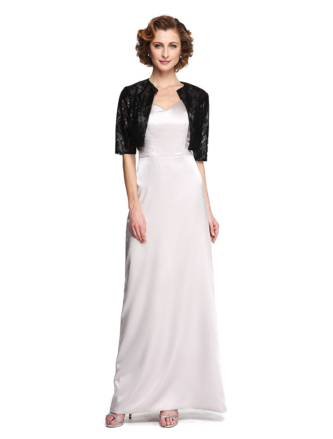 Woman wearing an elegant two-piece sheath column Mother of the Bride dress.