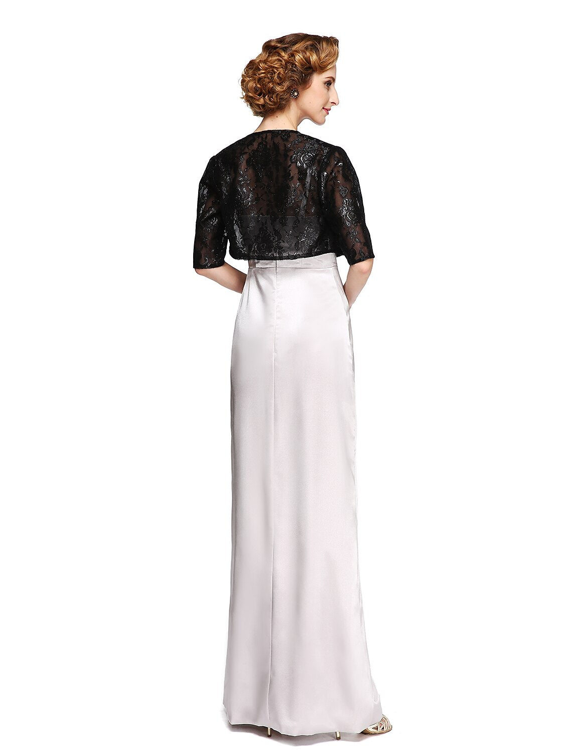 Back view of the two-piece spaghetti strap Mother of the Bride gown.