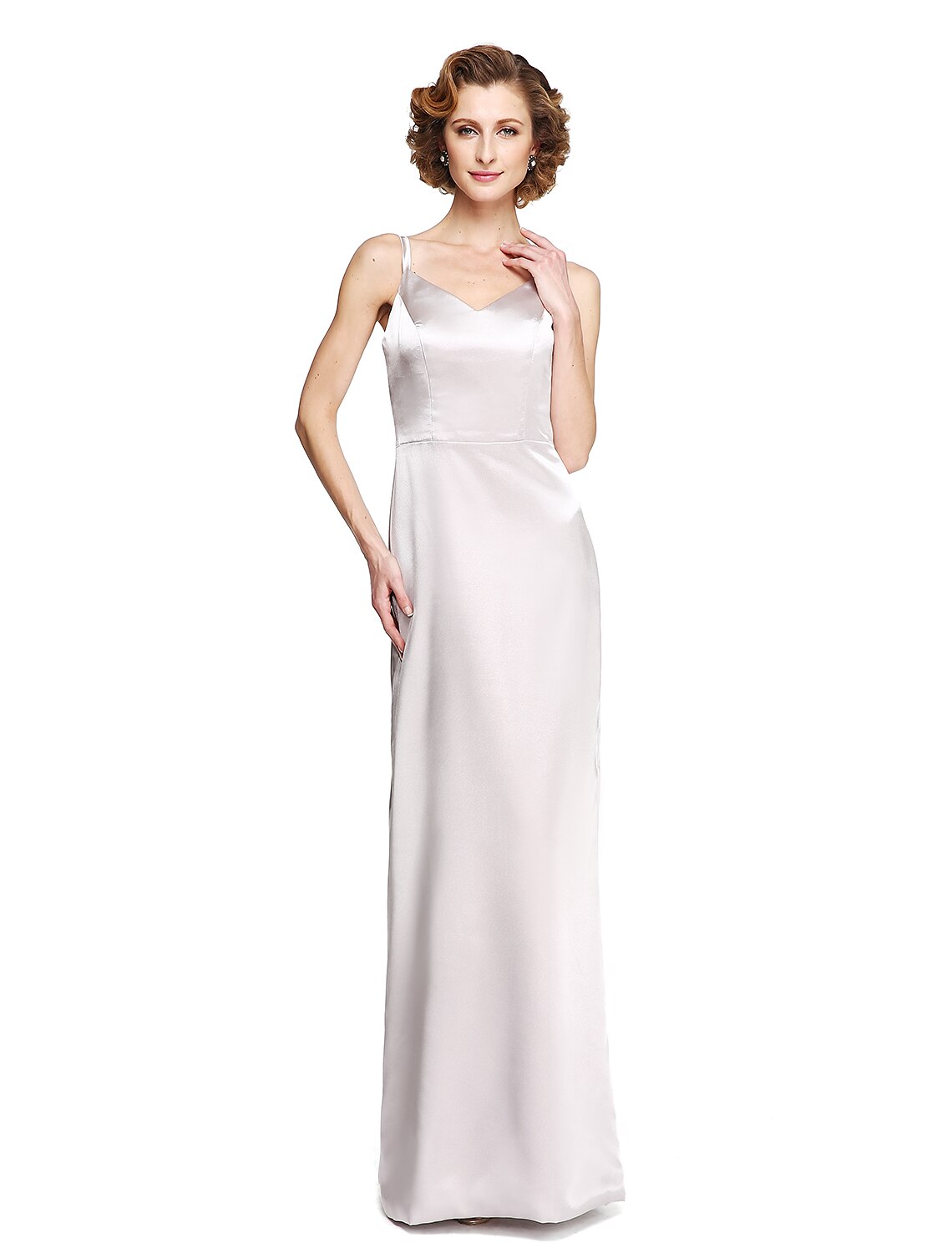 Side profile of the floor-length stretch satin formal dress.