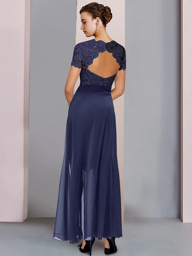 Full view of the formal two-piece dress, ideal for wedding guests.