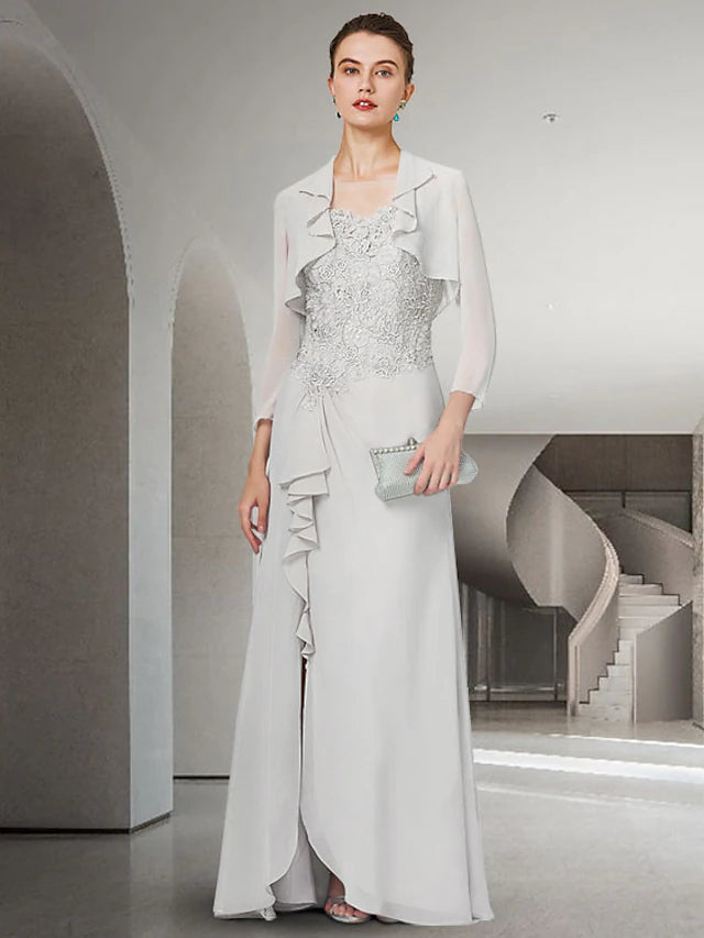 Elegant two-piece sheath mother of the bride dress with jewel neck and 3/4 length sleeves.
