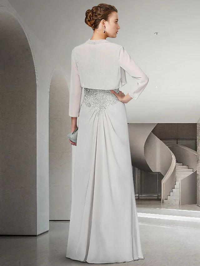 Full view of the elegant two-piece sheath mother of the bride dress with floor-length silhouette.