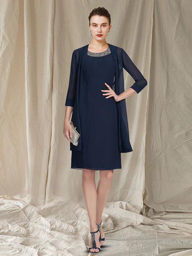 Elegant two-piece Mother of the Bride dress with jewel neck and chiffon jacket.
